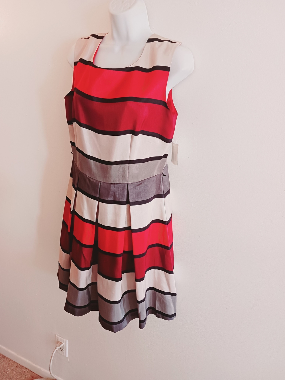 Sleeveless Striped A-Line Dress in Red, White & Gray